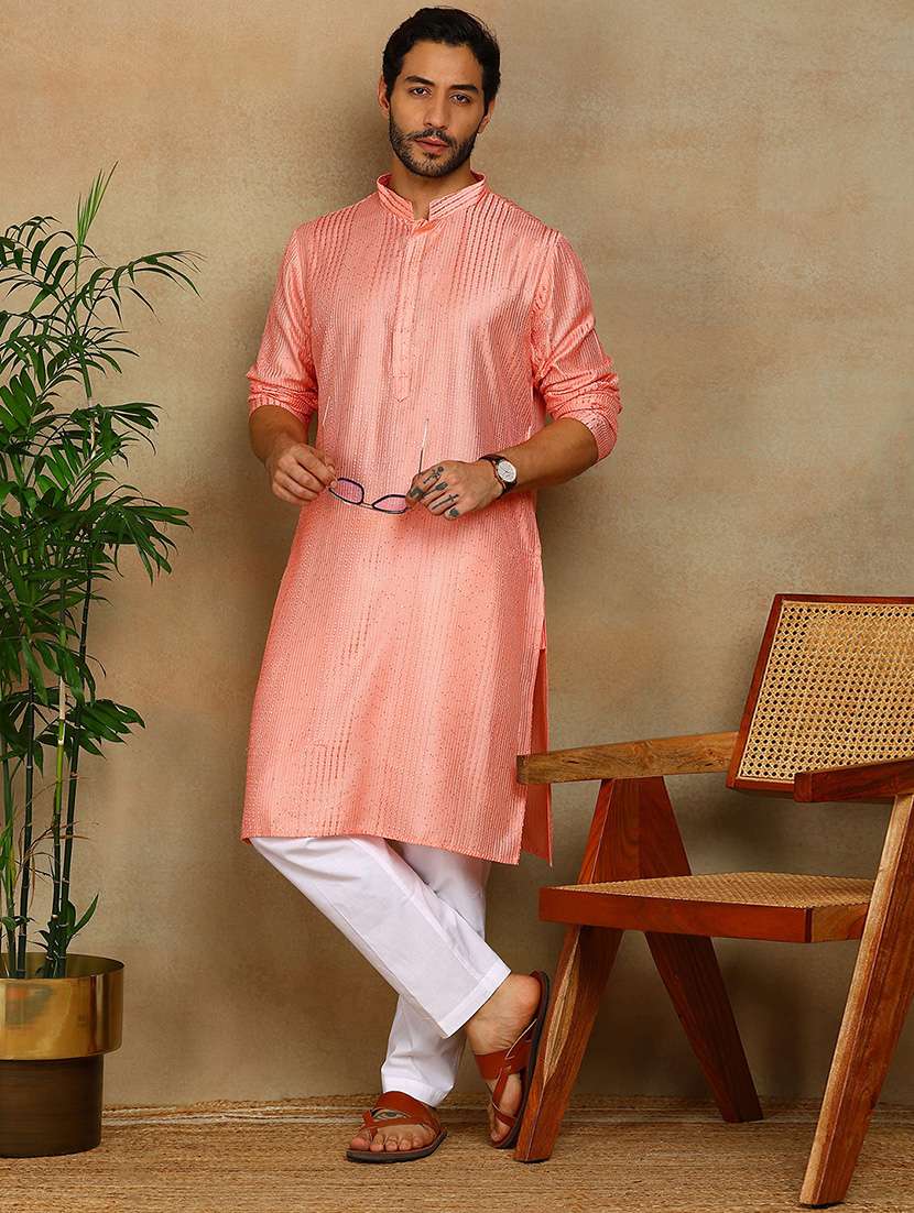 men solid with work mandarin neck kurta pyjama set