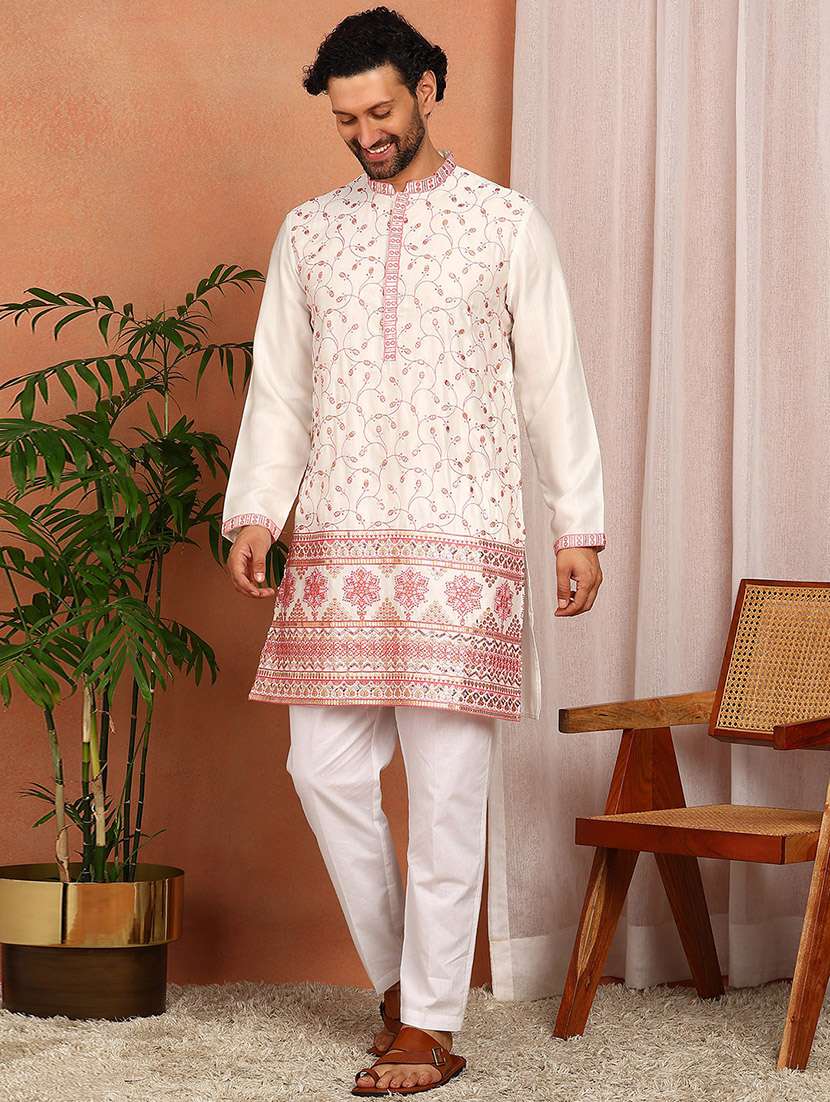 men solid with work mandarin neck kurta pyjama set
