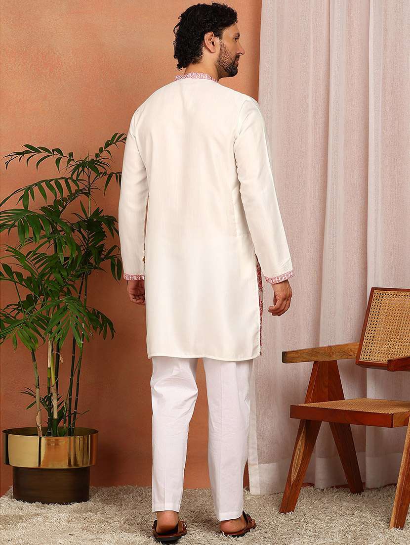 men solid with work mandarin neck kurta pyjama set - 22481467 -  Standard Image - 3
