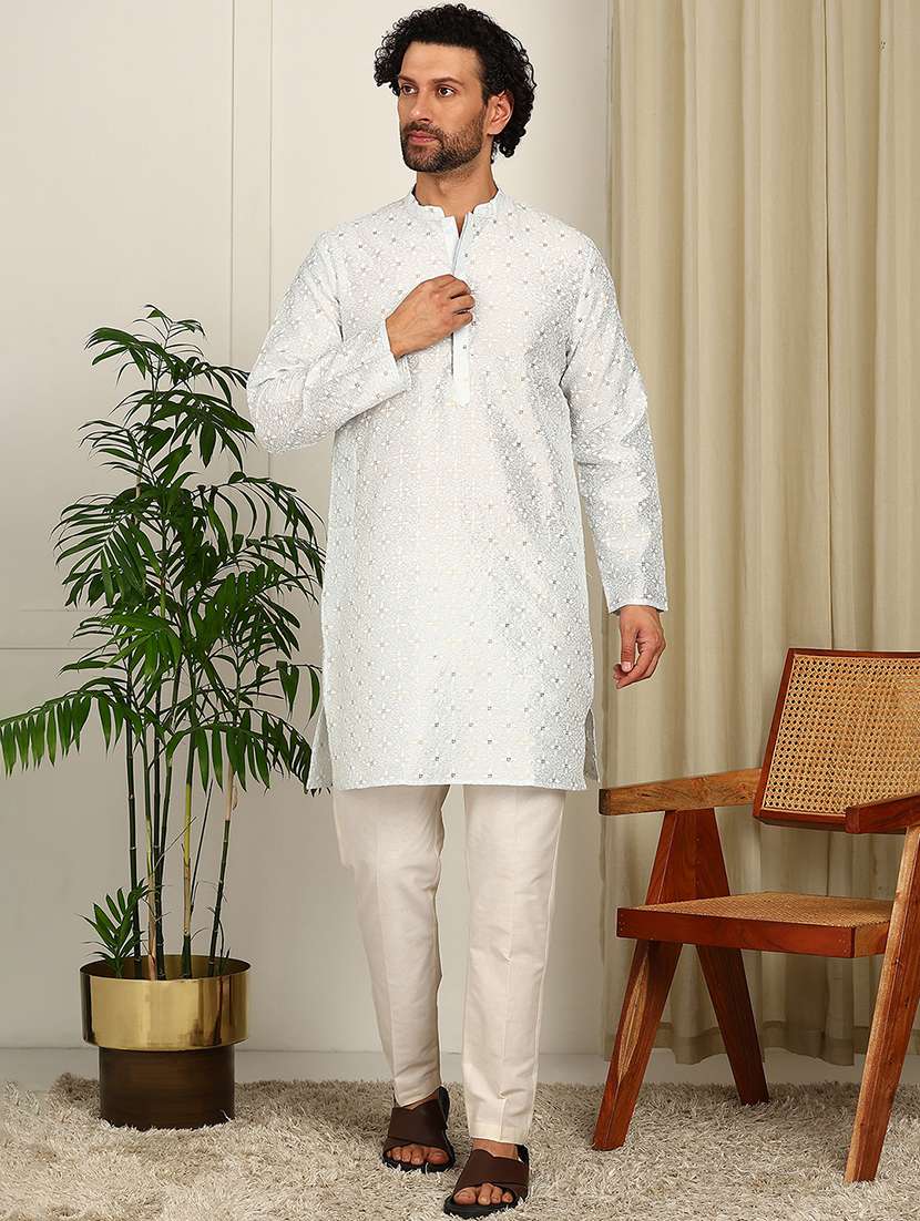 men solid with work mandarin neck kurta pyjama set