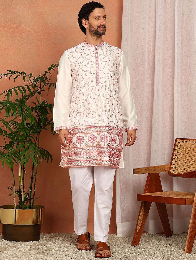 men solid with work mandarin neck kurta pyjama set