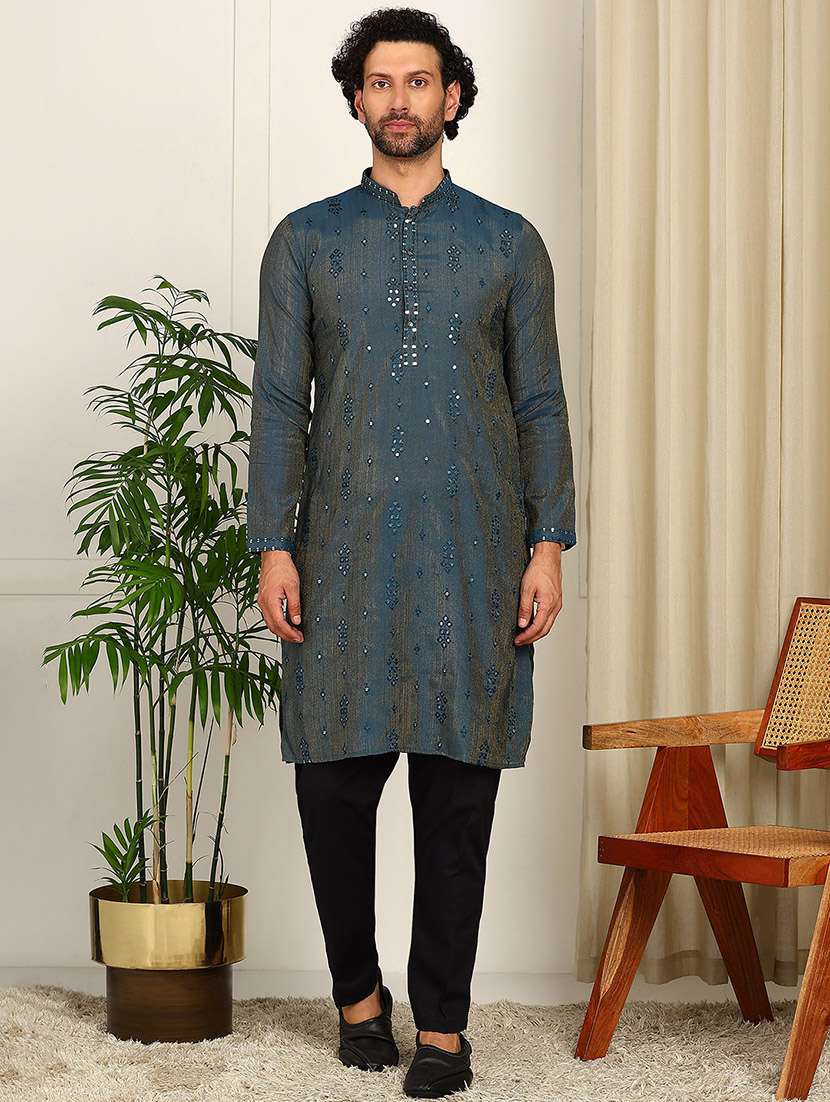 men solid with work mandarin neck kurta pyjama set