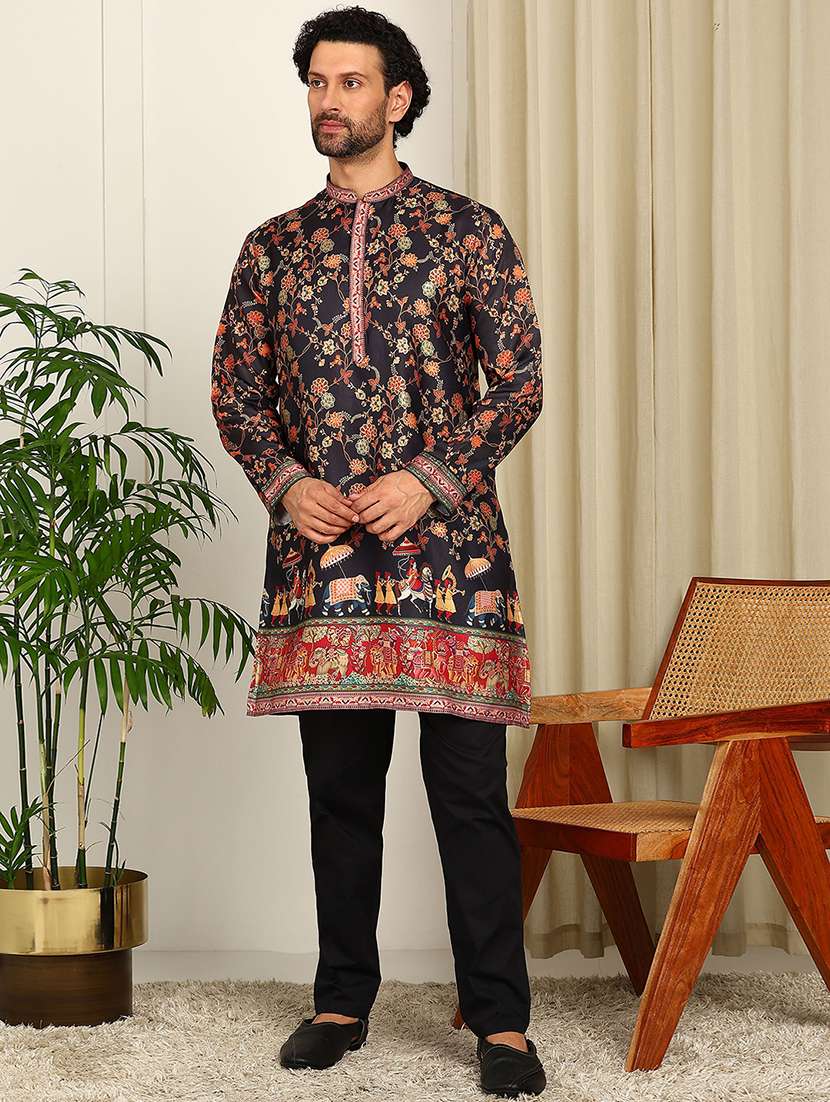 men printed mandarin neck kurta pyjama set
