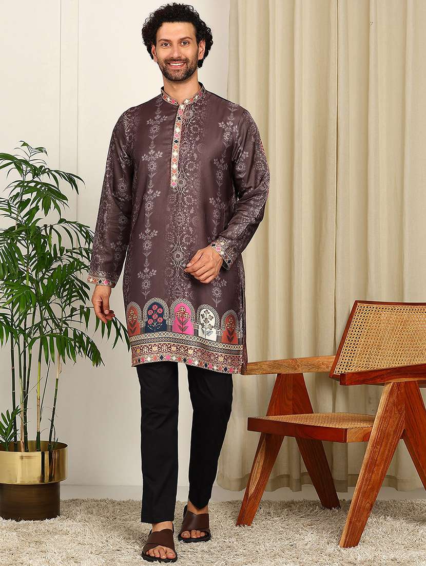men printed mandarin neck kurta pyjama set