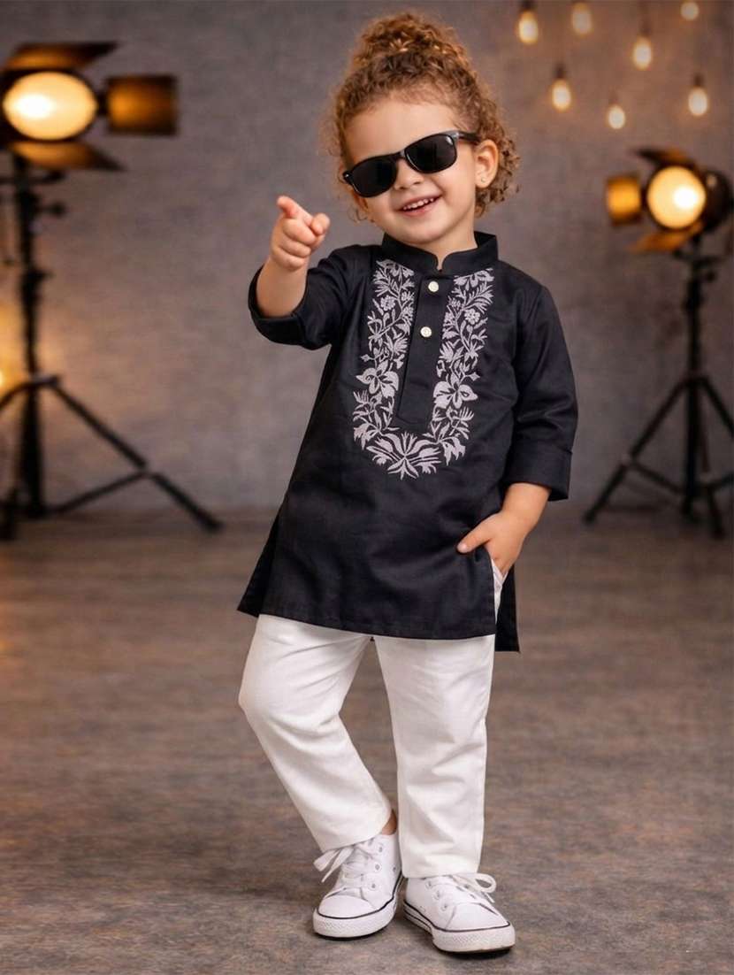 boys  embroidered cotton blend kurta and pyjama set