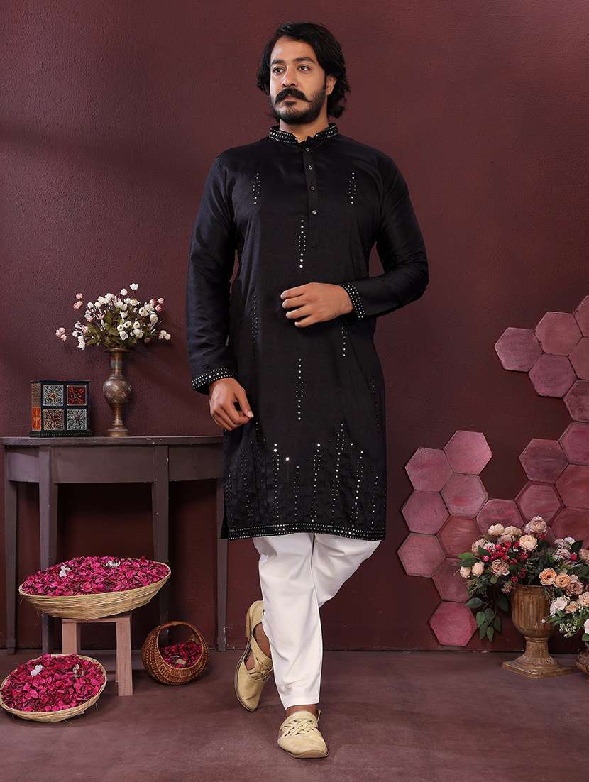 men solid with work mandarin neck long kurta
