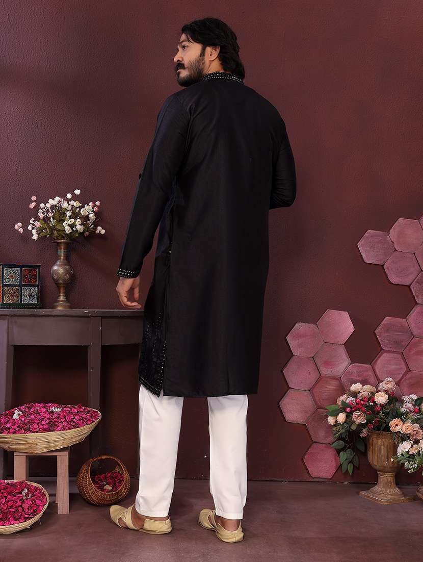 men solid with work mandarin neck long kurta - 22481562 -  Standard Image - 3