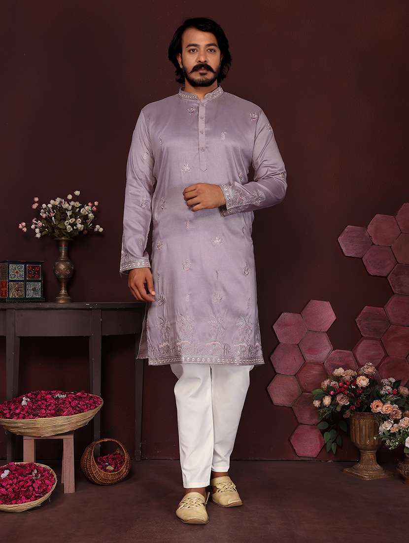 men solid with work mandarin neck long kurta