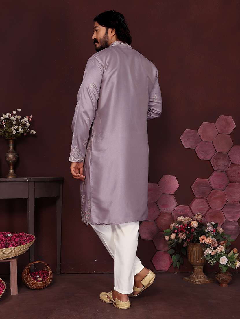 men solid with work mandarin neck long kurta - 22481567 -  Standard Image - 3