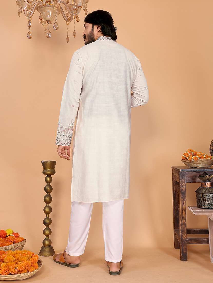 men solid woth work mandarin neck long kurta - 22481585 -  Standard Image - 3