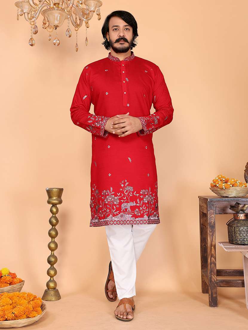 men solid woth work mandarin neck long kurta