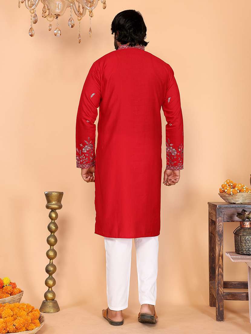 men solid woth work mandarin neck long kurta - 22481589 -  Standard Image - 3