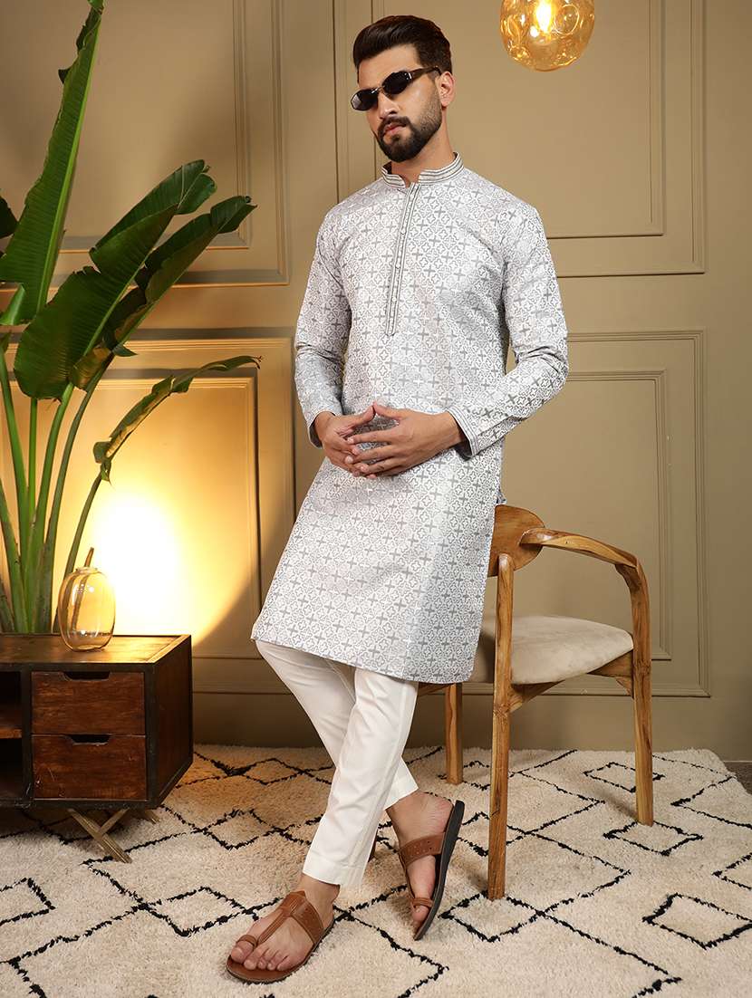 men self design mandarin neck long kurta