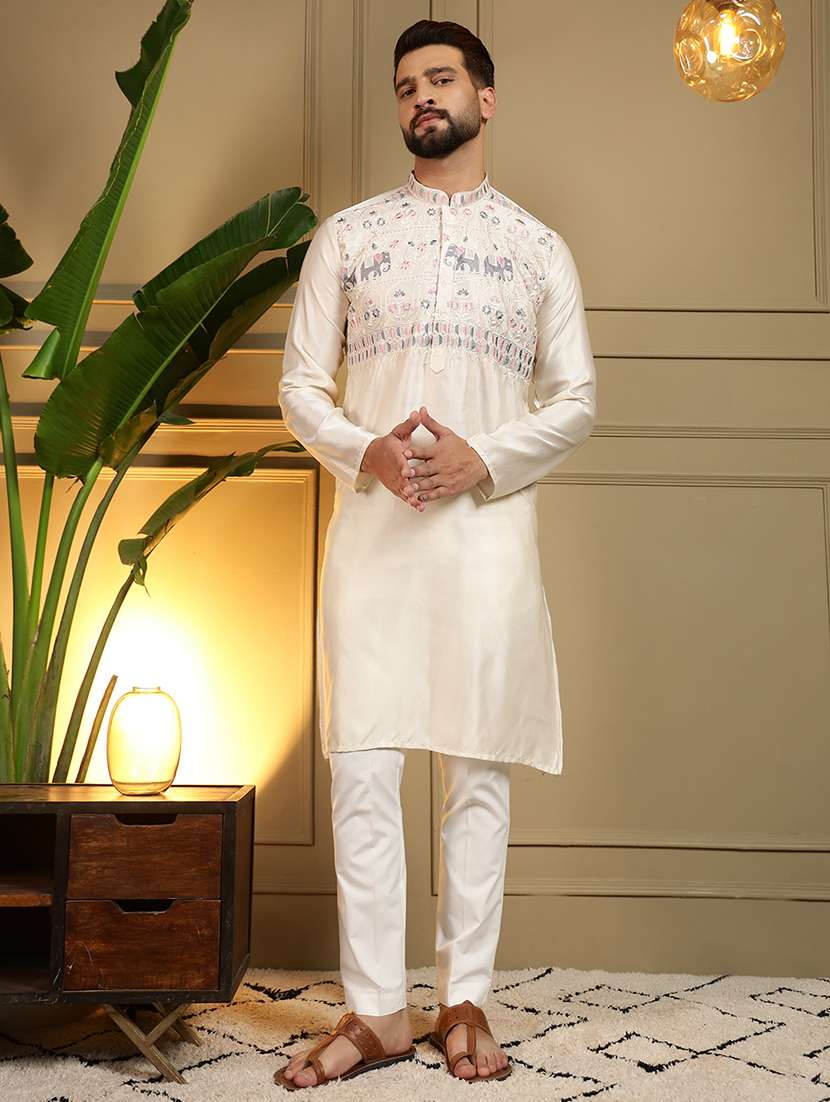 men solid with work mandarin neck long kurta - 22481598 -  Standard Image - 3