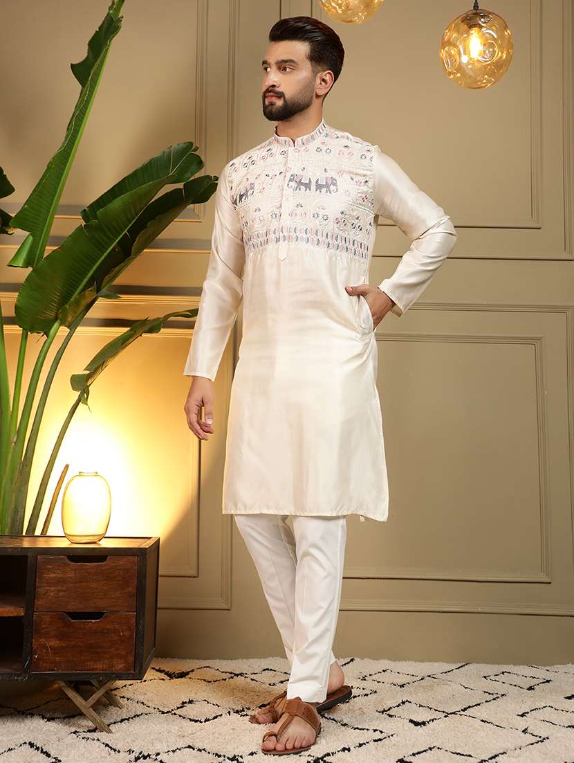 men solid with work mandarin neck long kurta - 22481598 -  Standard Image - 5