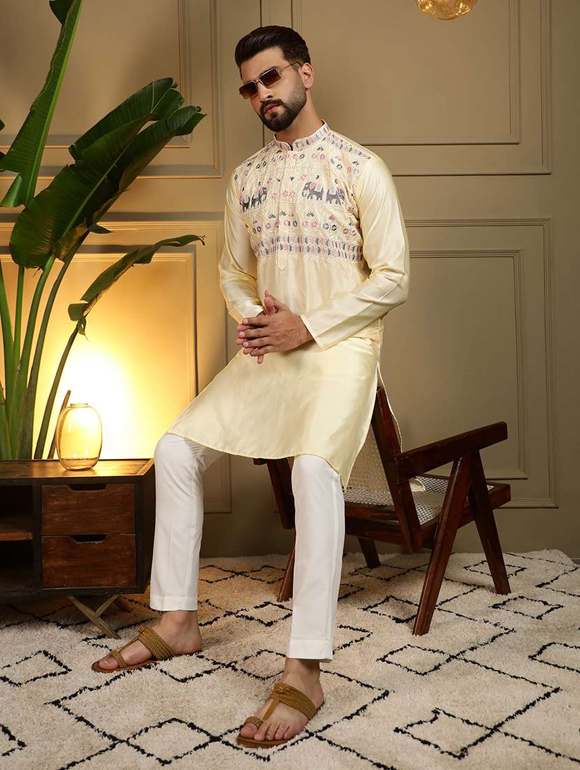 men solid with work mandarin neck long kurta