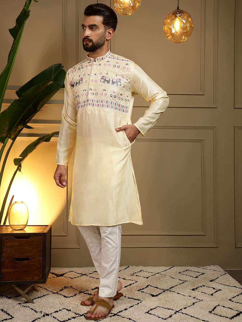 men solid with work mandarin neck long kurta - 22481602 -  Standard Image - 3