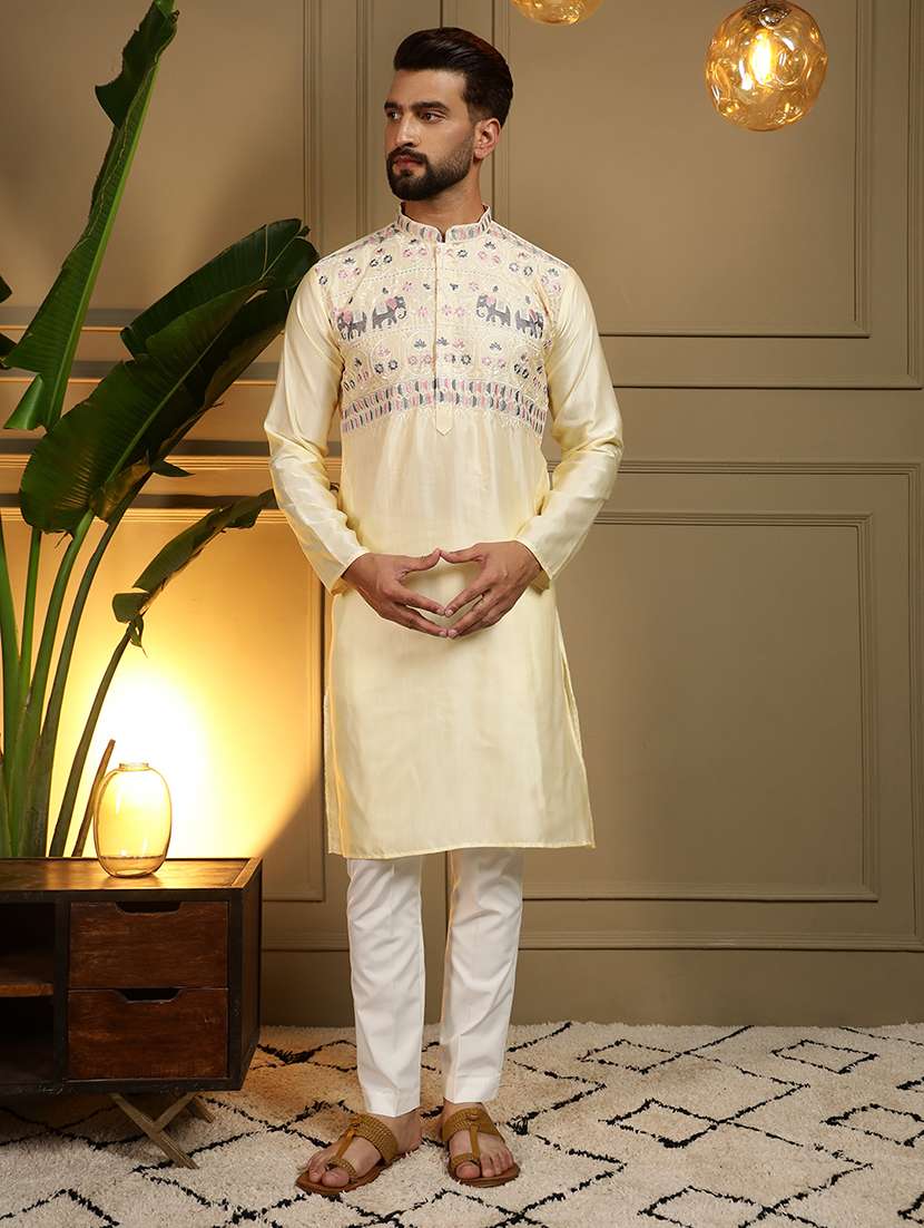 men solid with work mandarin neck long kurta - 22481602 -  Standard Image - 5