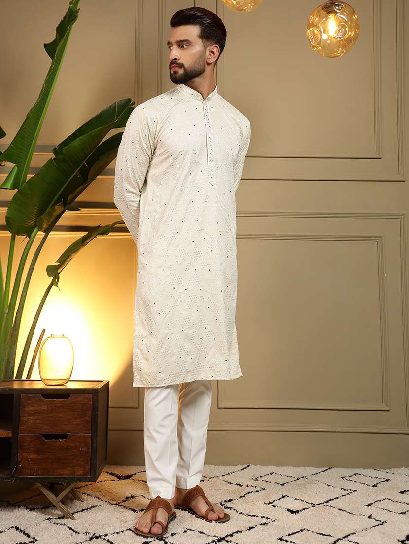 men solid with work mandarin neck long kurta - 22481603 -  Standard Image - 3