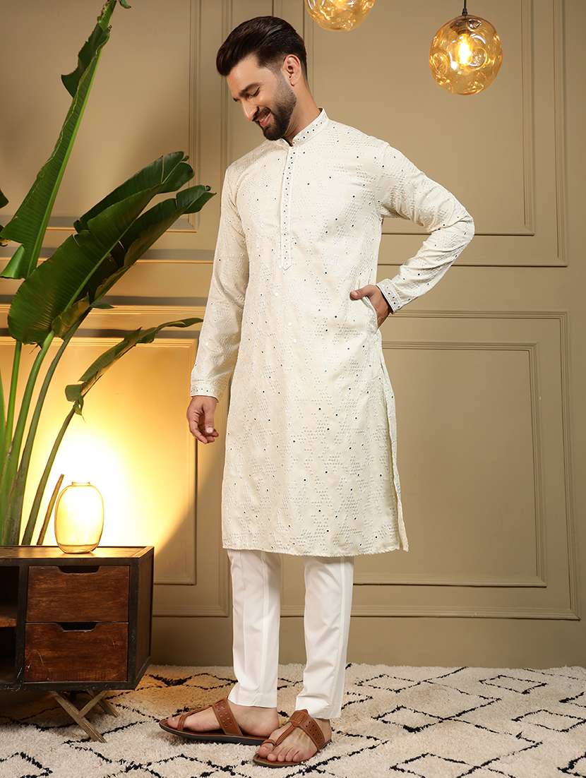 men solid with work mandarin neck long kurta - 22481603 -  Standard Image - 5