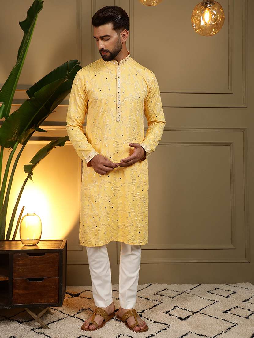 men solid with work mandarin neck long kurta