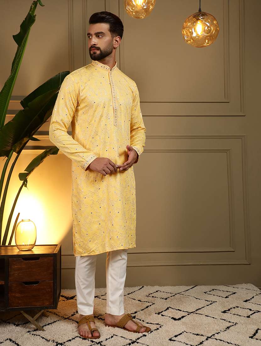 men solid with work mandarin neck long kurta - 22481607 -  Standard Image - 3