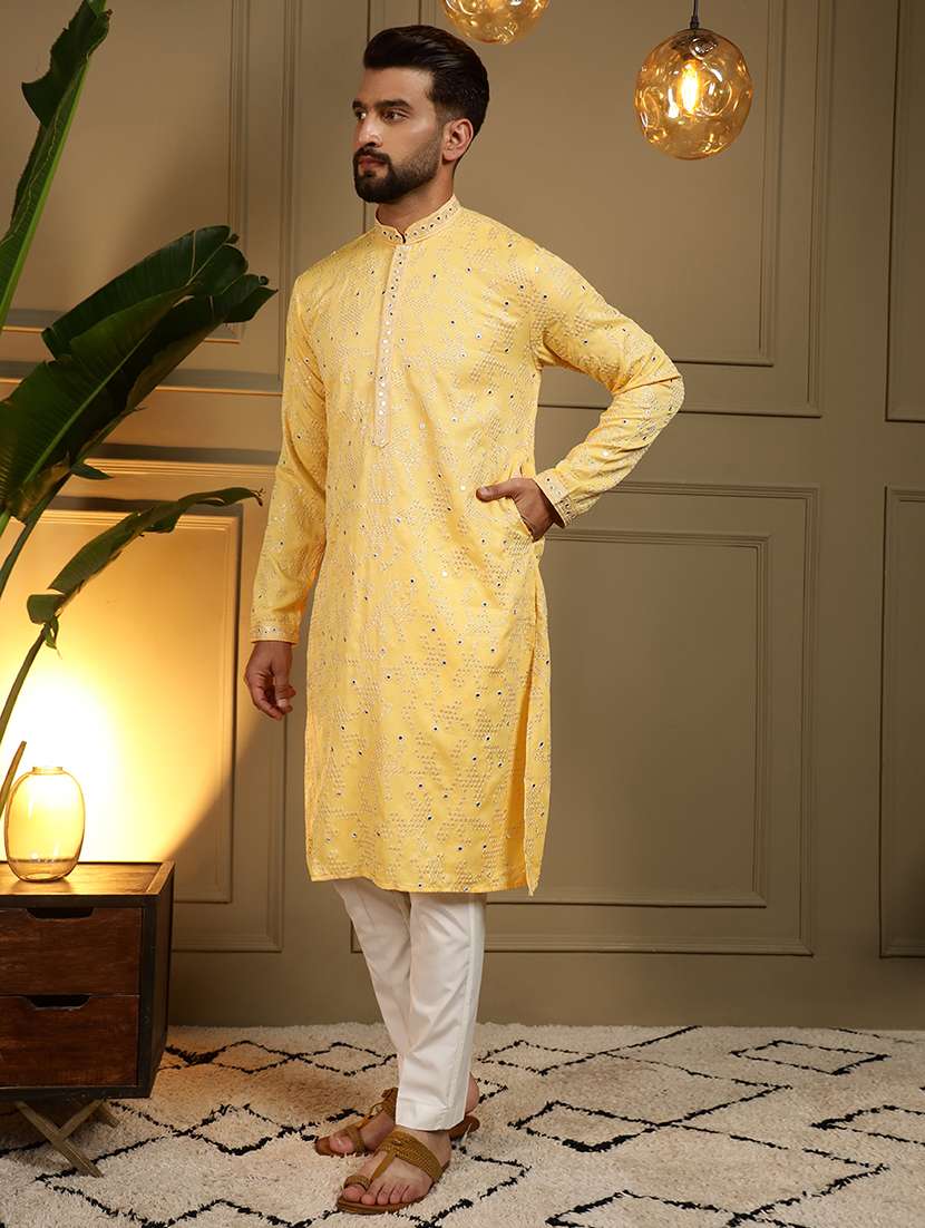 men solid with work mandarin neck long kurta - 22481607 -  Standard Image - 5