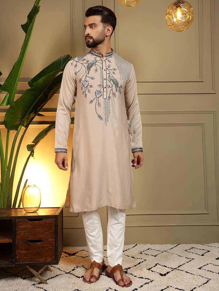 men solid with work mandarin neck long kurta