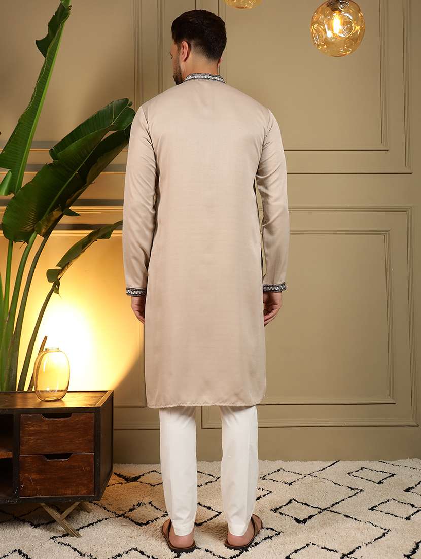 men solid with work mandarin neck long kurta - 22481608 -  Standard Image - 3