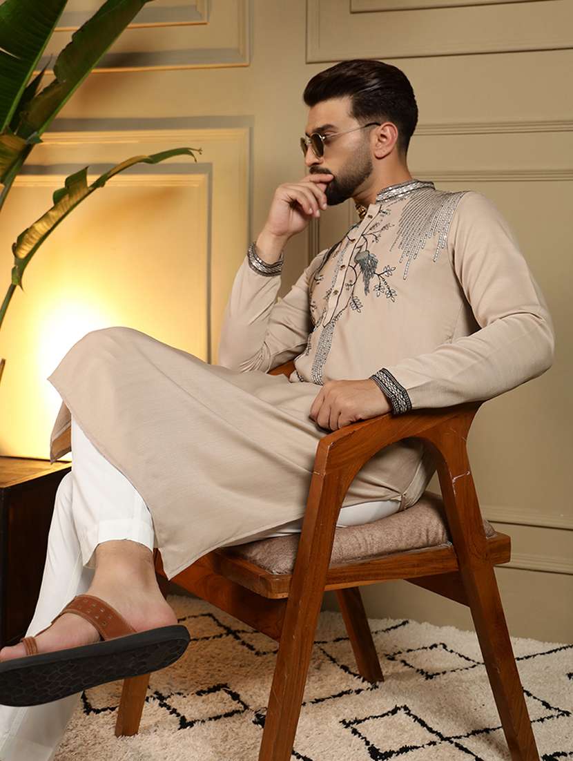 men solid with work mandarin neck long kurta - 22481608 -  Standard Image - 5