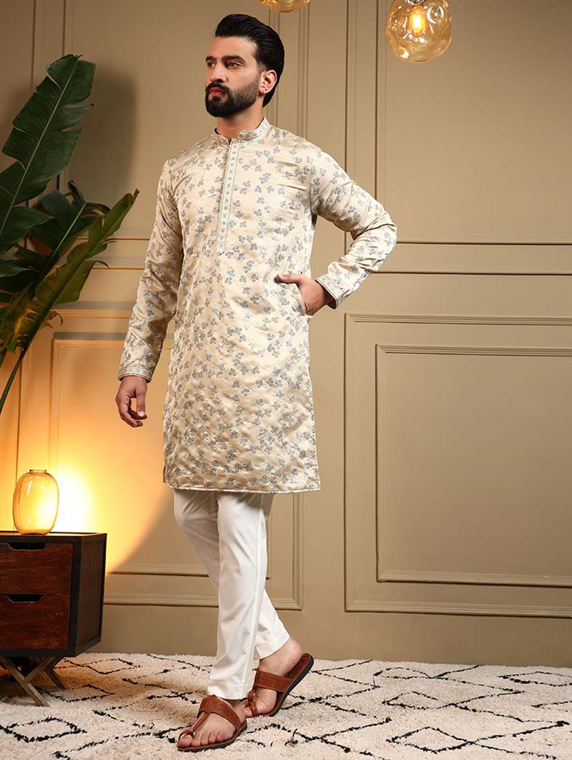 men solid with work mandarin neck long kurta - 22481622 -  Standard Image - 3