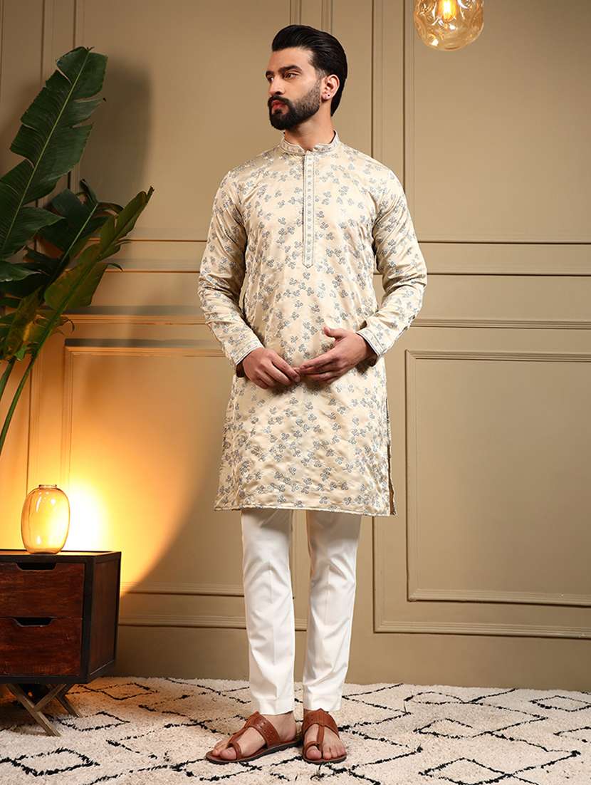 men solid with work mandarin neck long kurta - 22481622 -  Standard Image - 5