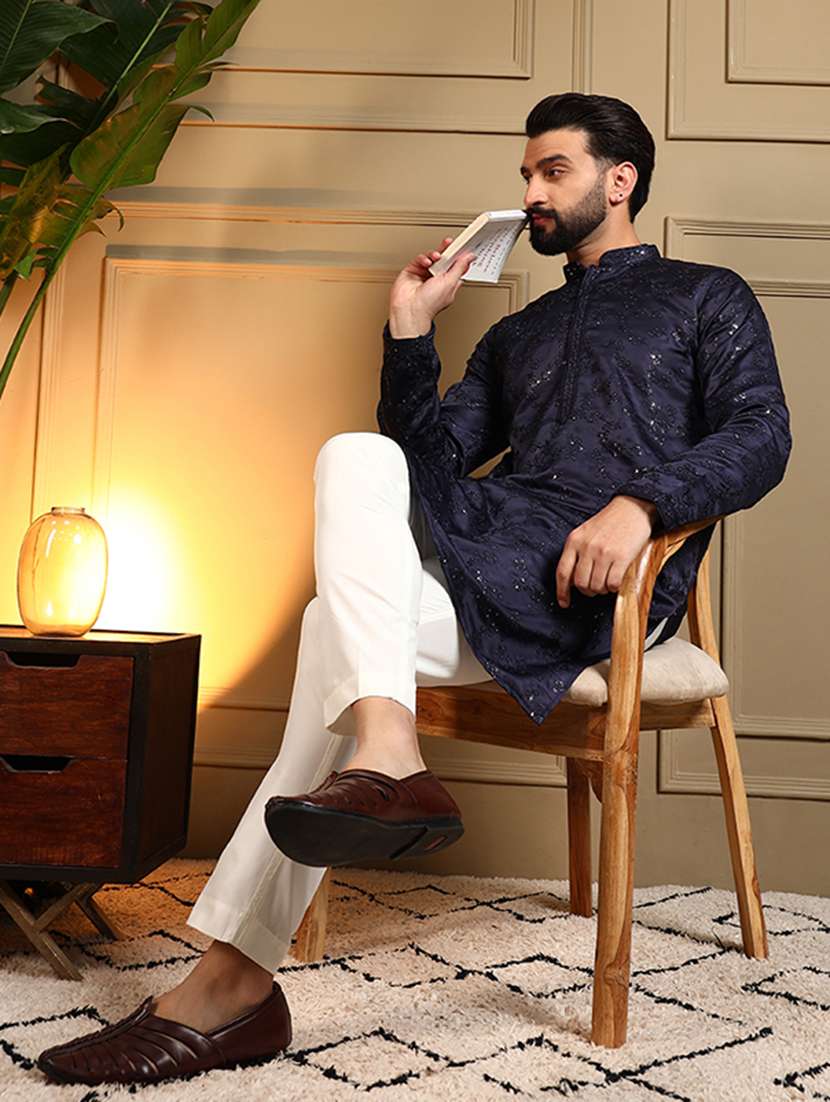 men solid with work mandarin neck long kurta
