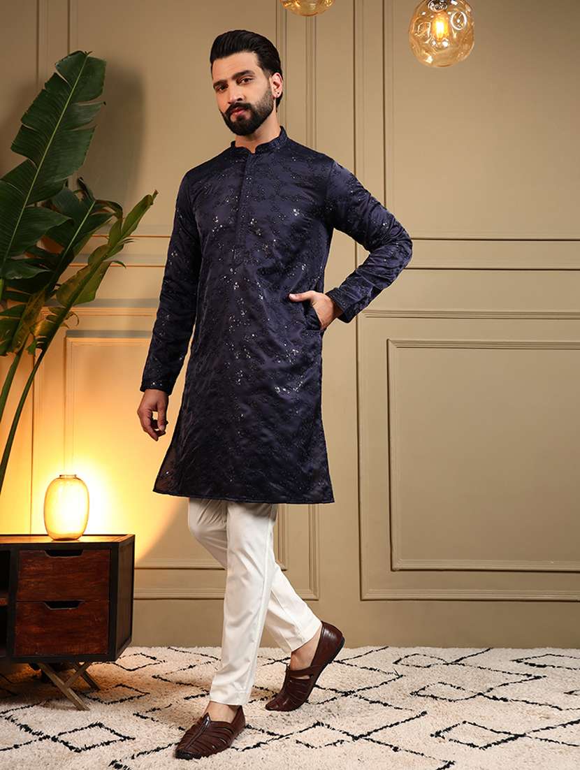 men solid with work mandarin neck long kurta - 22481625 -  Standard Image - 3