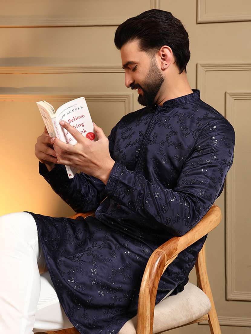 men solid with work mandarin neck long kurta - 22481625 -  Standard Image - 5