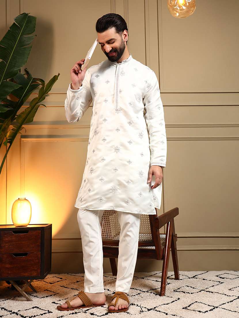 men solid with work mandarin neck long kurta