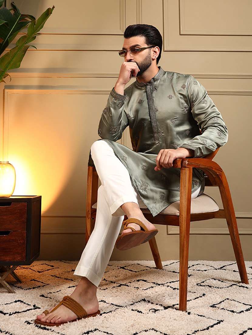men solid with work mandarin neck long kurta