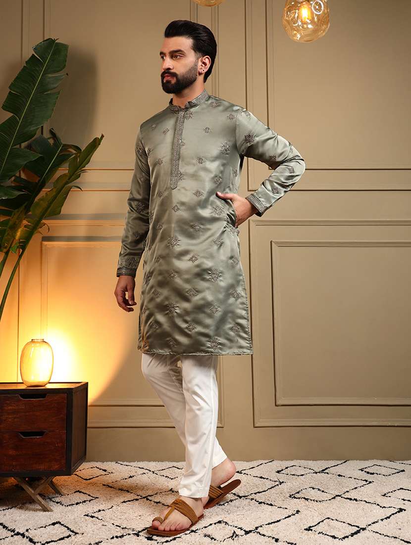 men solid with work mandarin neck long kurta - 22481627 -  Standard Image - 3