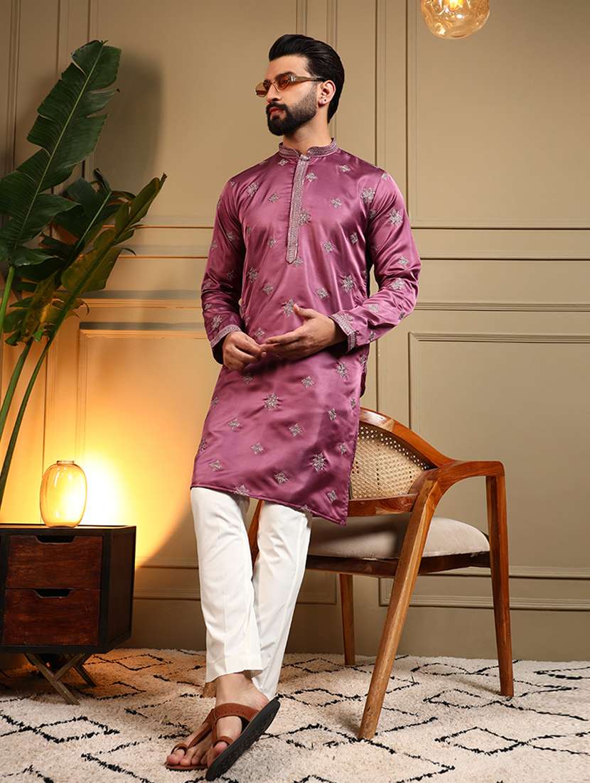 men solid with work mandarin neck long kurta
