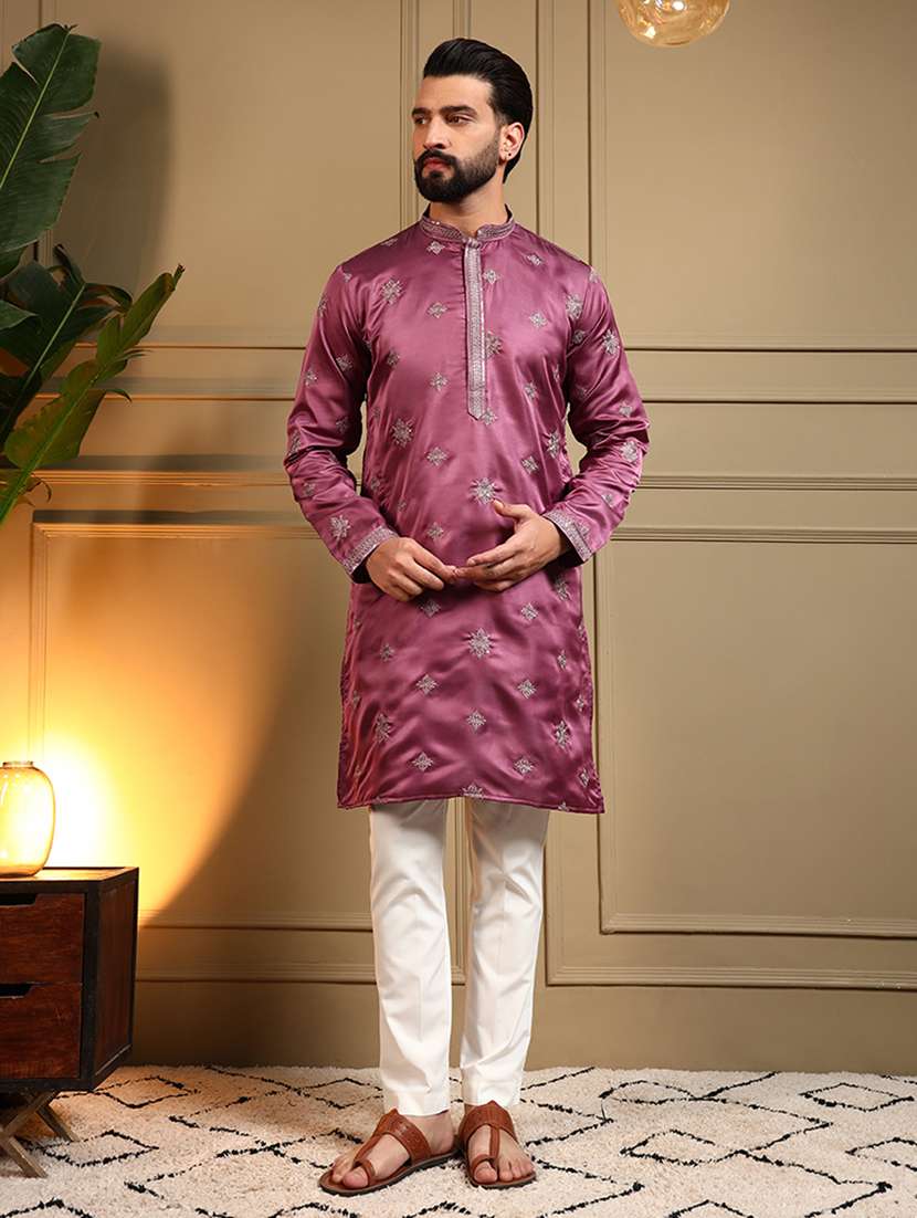 men solid with work mandarin neck long kurta - 22481628 -  Standard Image - 3