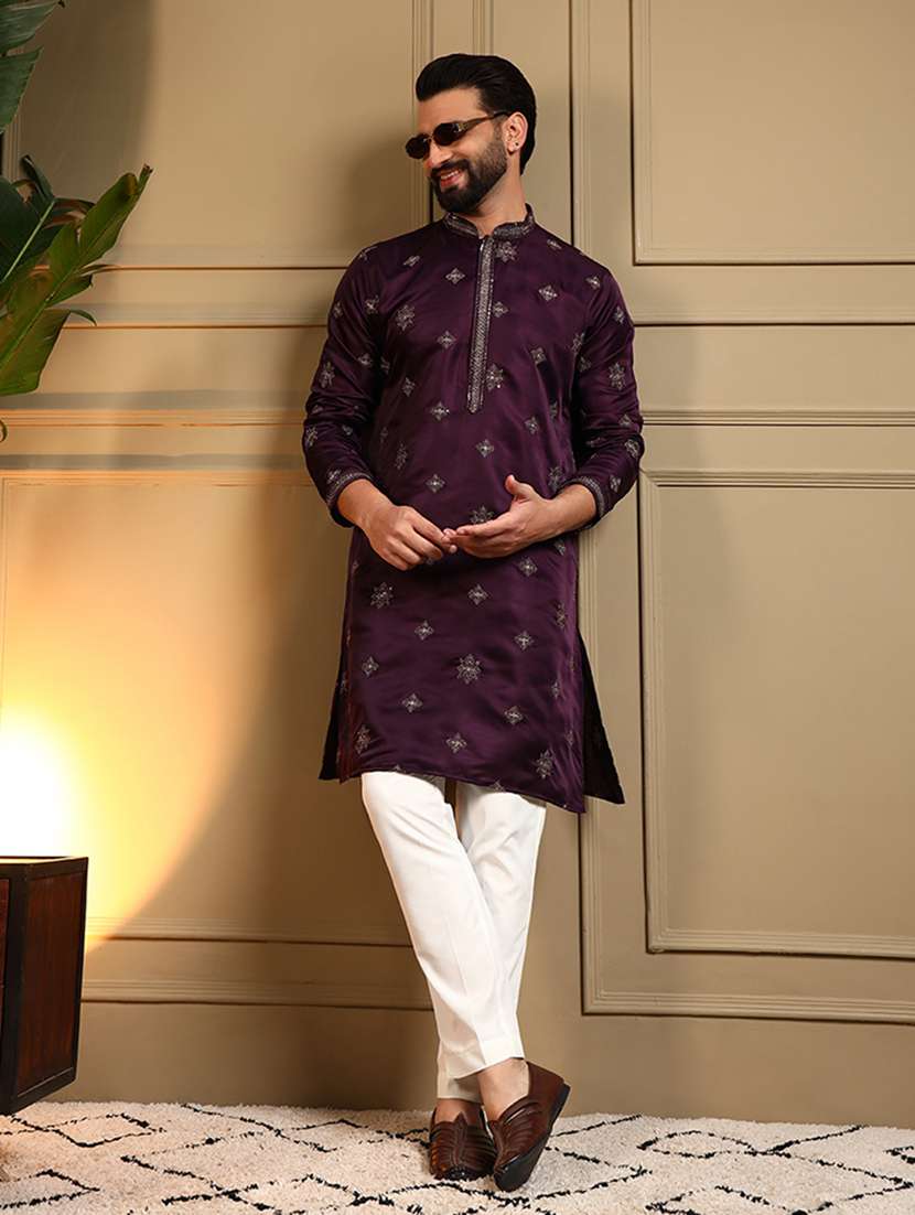 men solid with work mandarin neck long kurta