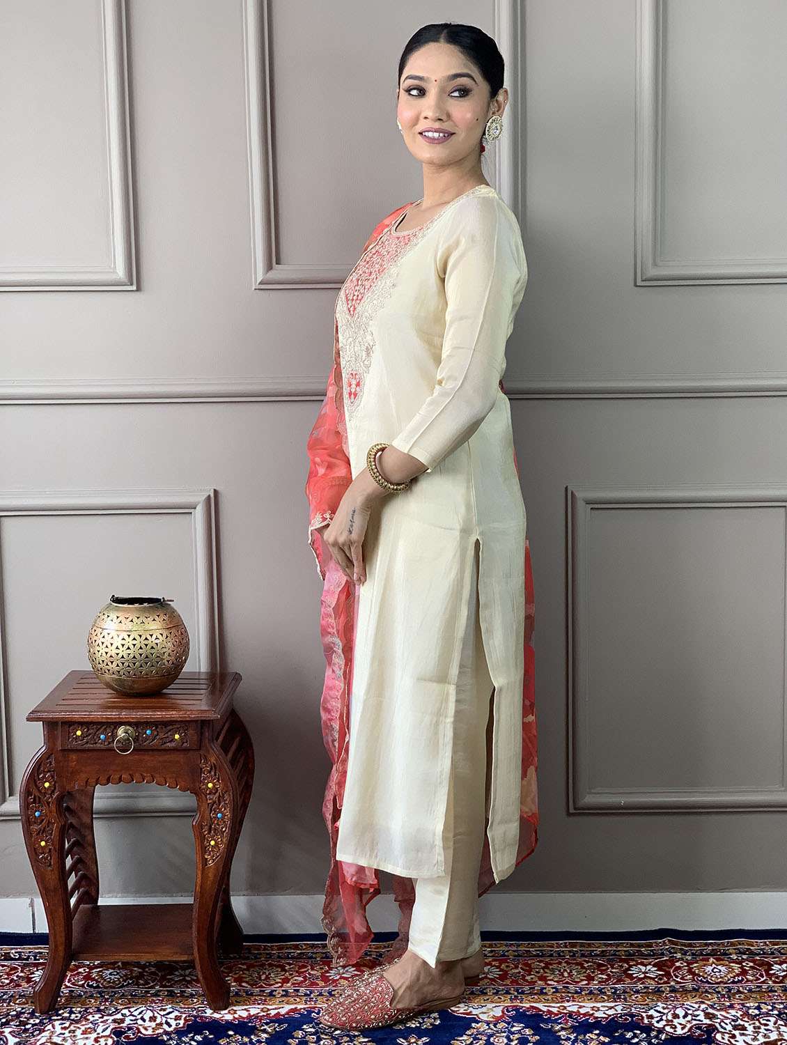 women solid with work three quarter sleeve kurta pant with dupatta set - 22481728 -  Standard Image - 3