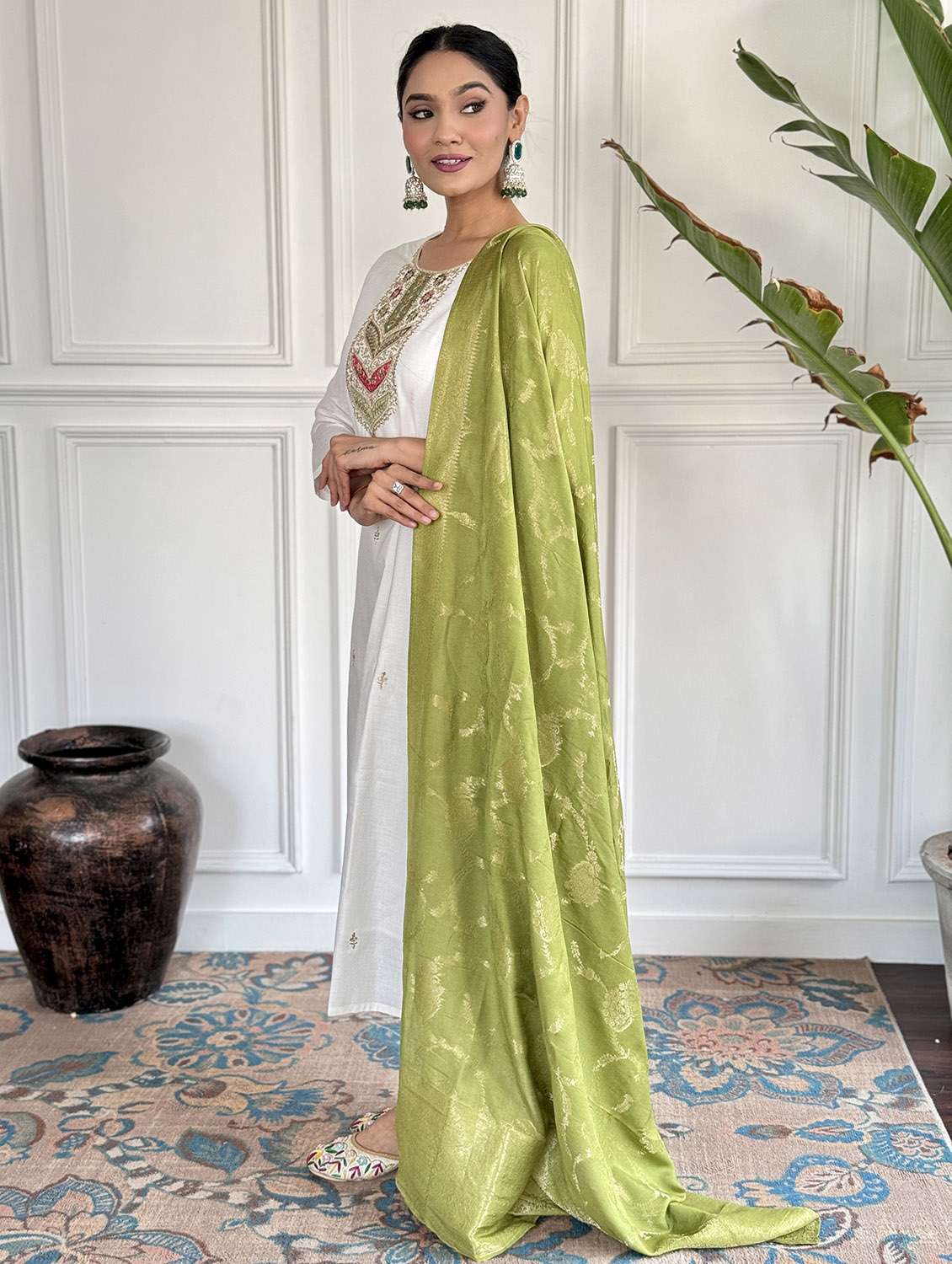 women solid with work three quarter sleeve kurta pant with dupatta set - 22481730 -  Standard Image - 3
