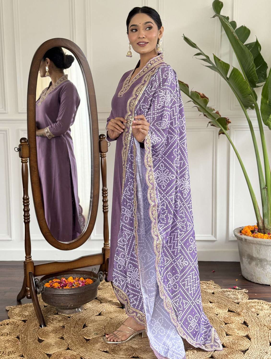 women solid with work three quarter sleeve kurta pant with dupatta set - 22481731 -  Standard Image - 3