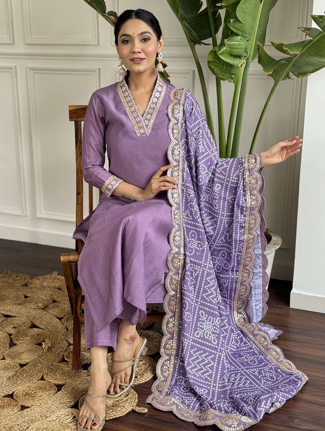 women solid with work three quarter sleeve kurta pant with dupatta set - 22481731 -  Standard Image - 5