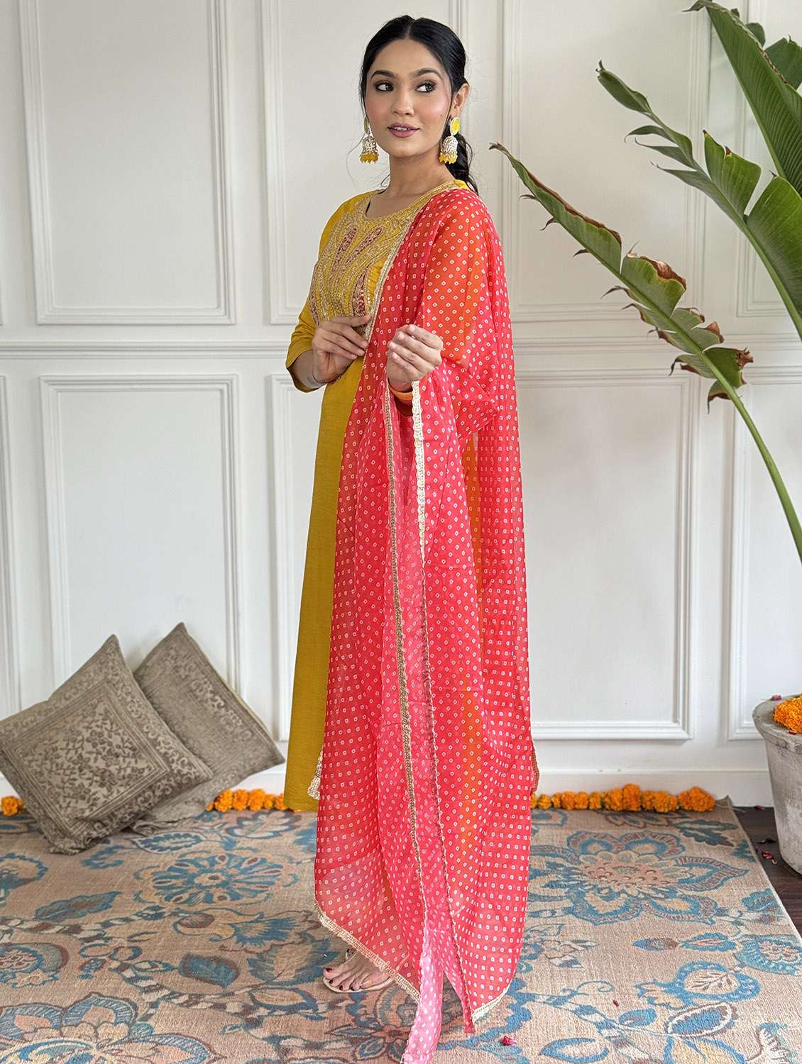 women solid with work three quarter sleeve kurta pant with dupatta set - 22481732 -  Standard Image - 3
