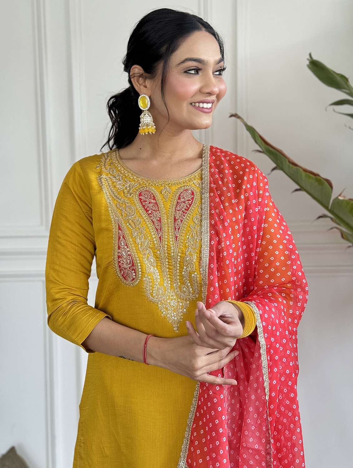 women solid with work three quarter sleeve kurta pant with dupatta set - 22481732 -  Standard Image - 5