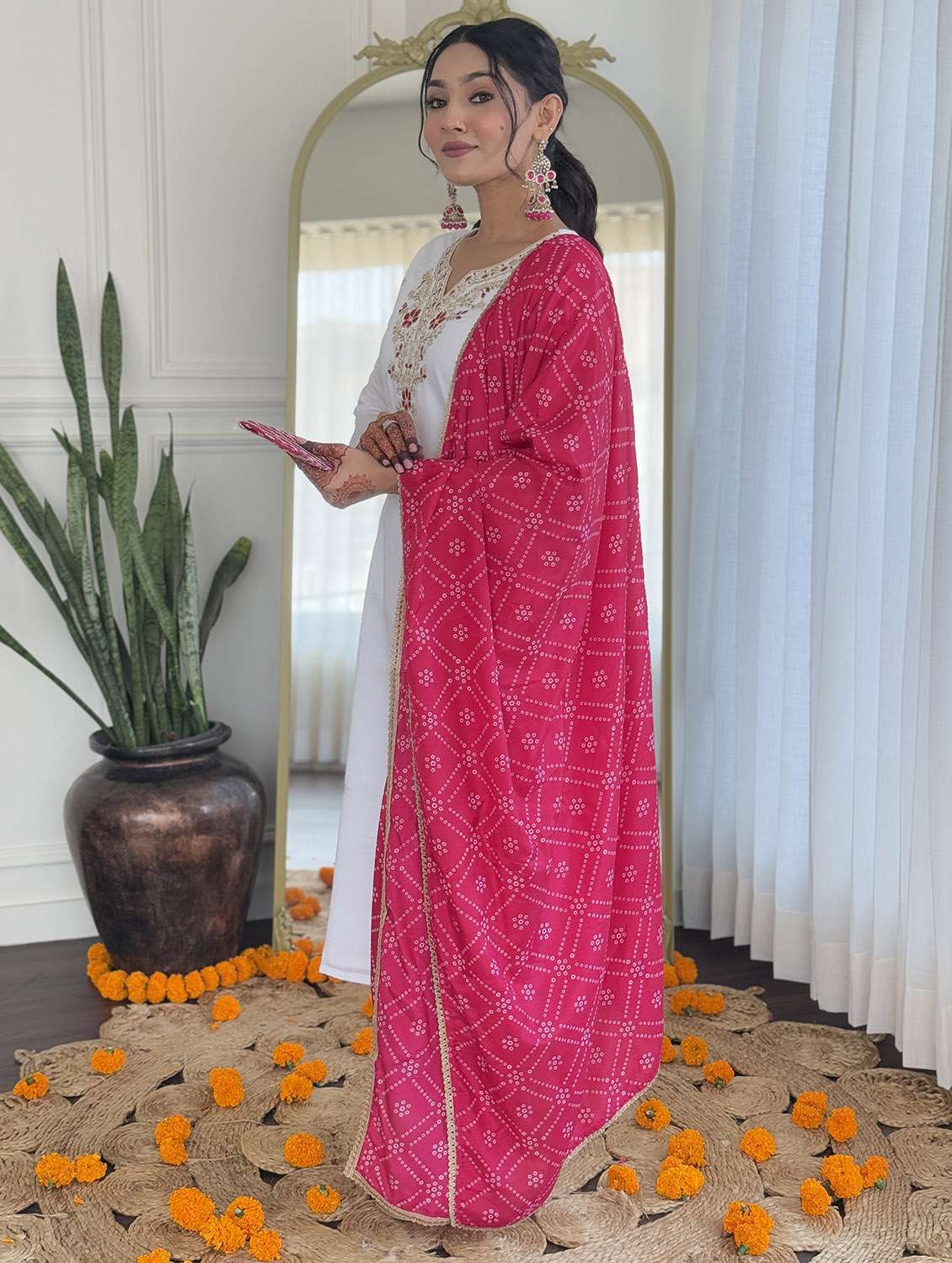 women solid with work three quarter sleeve kurta pant with dupatta set - 22481735 -  Standard Image - 3