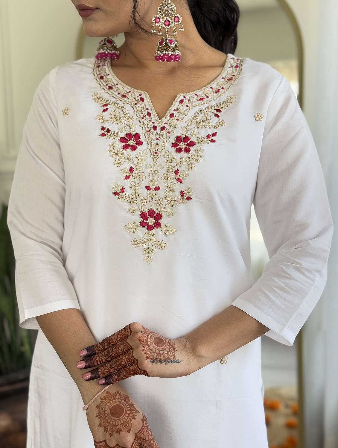 women solid with work three quarter sleeve kurta pant with dupatta set - 22481735 -  Standard Image - 5