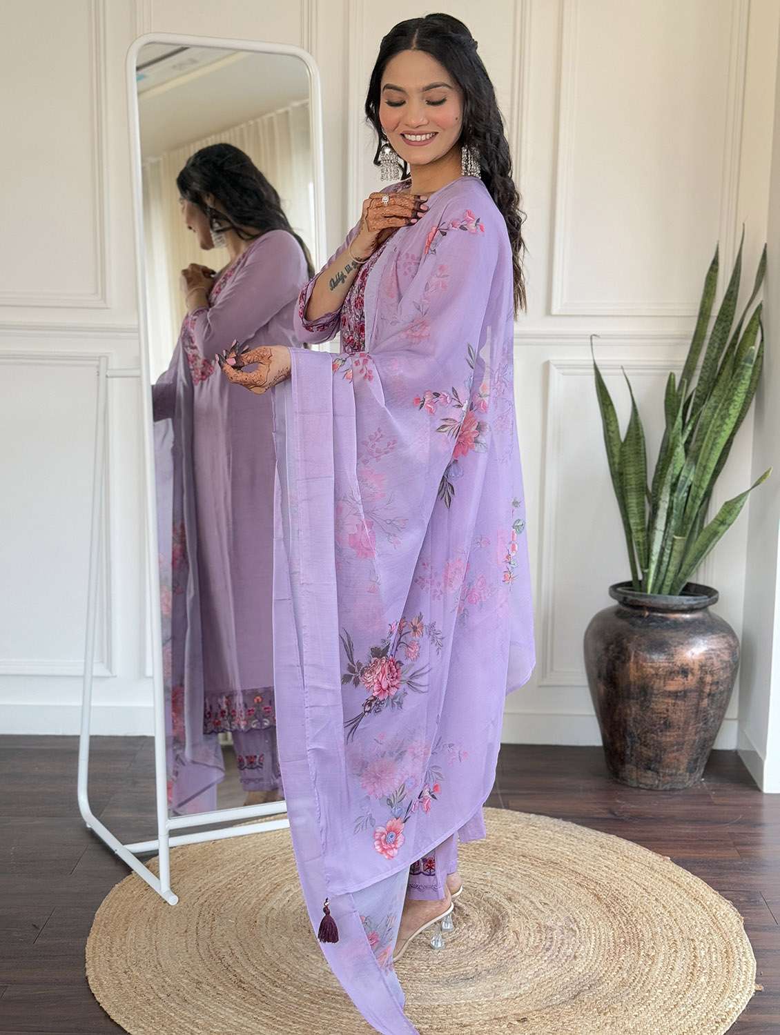 women solid with work three quarter sleeve kurta pant with dupatta set - 22481737 -  Standard Image - 3